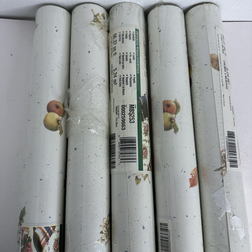 Imperial Wallpaper Vintage 5 DBL Rolls Prepasted‎ Fruit On Beige&White 000259663